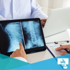 Doctor pointing to a lumbar spine x-ray while talking to a patient
