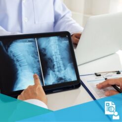 Doctor pointing to a lumbar spine x-ray while talking to a patient