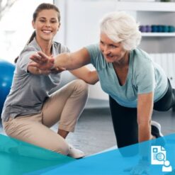 Clinician helps elderly patient with an exercise on the floor