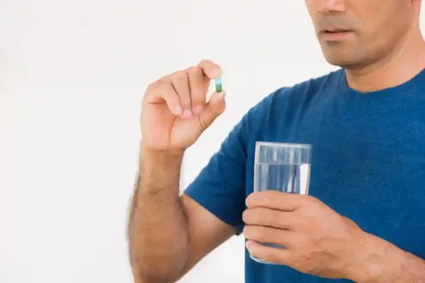 Close up of man taking in pill and another hand holding a glass of clean water