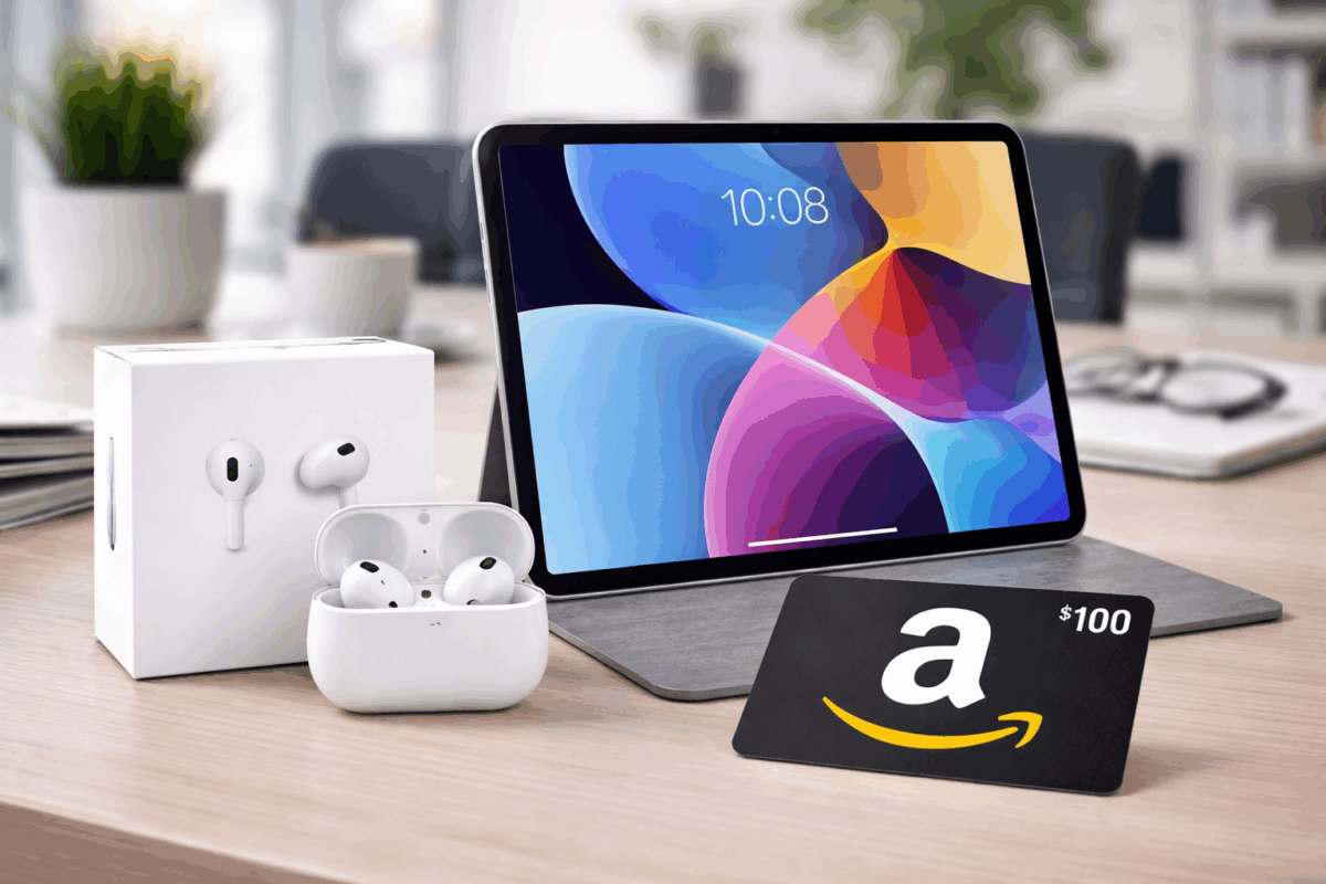 An iPad, set of Air Pods Pro with case and a $100 Amazon gift card sitting on a desk in an office