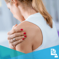 A woman with frozen shoulder (adhesive capsulitis) grasping her painful left shoulder